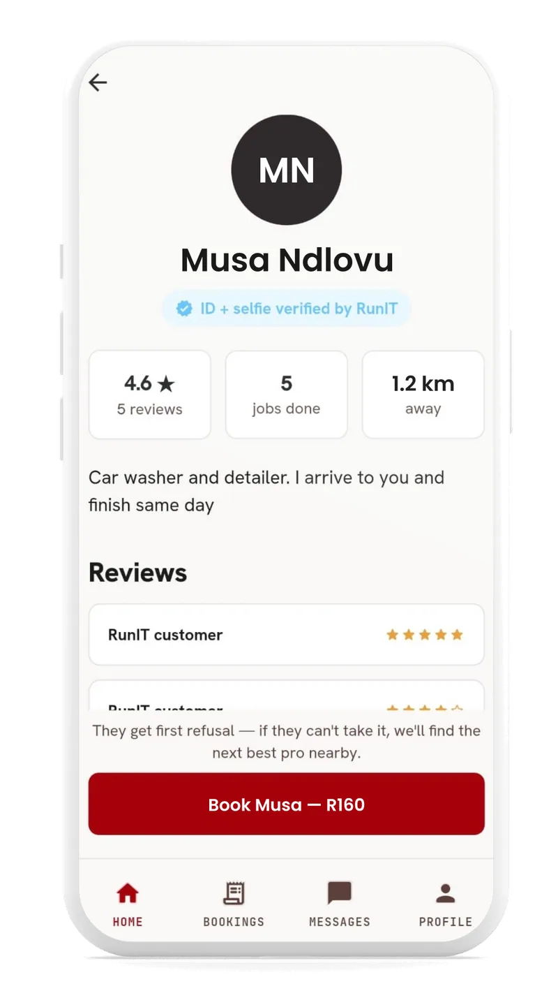 A RunIT pro profile as customers see it: an ID and selfie verified badge, star rating, jobs done, distance, a short description, customer reviews and a book button.