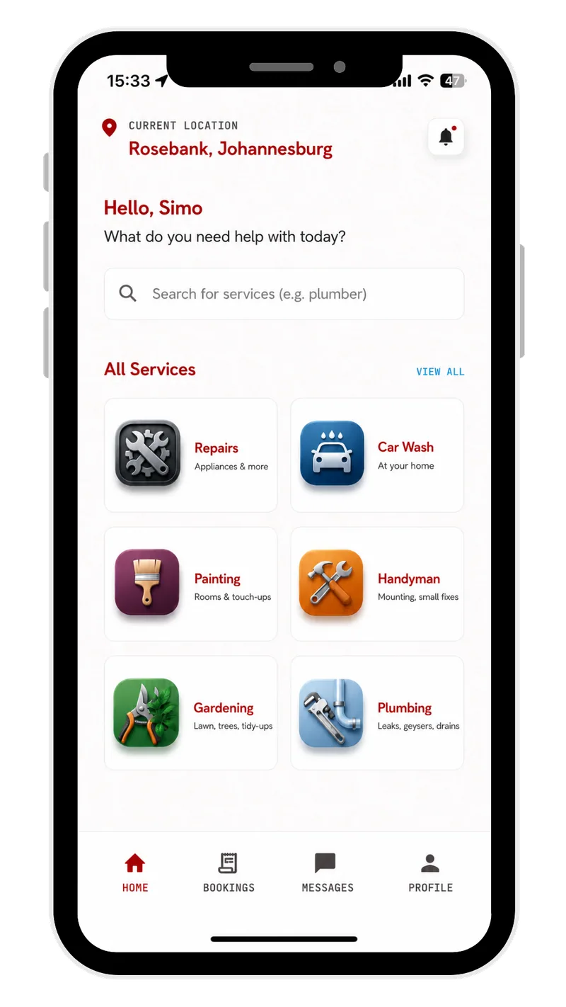 RunIT home screen: current location set to Rosebank, Johannesburg, a service search box, and tiles for Repairs, Car Wash, Painting, Handyman, Gardening and Plumbing.