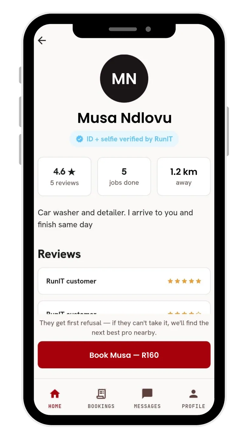 A RunIT pro profile showing an 'ID + selfie verified by RunIT' badge, rating, jobs done, distance, description, customer reviews, and a book button showing the price.