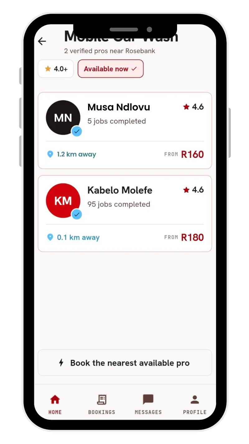 RunIT results for Mobile Car Wash showing two verified pros near Rosebank with ratings, jobs completed, distance and starting prices.